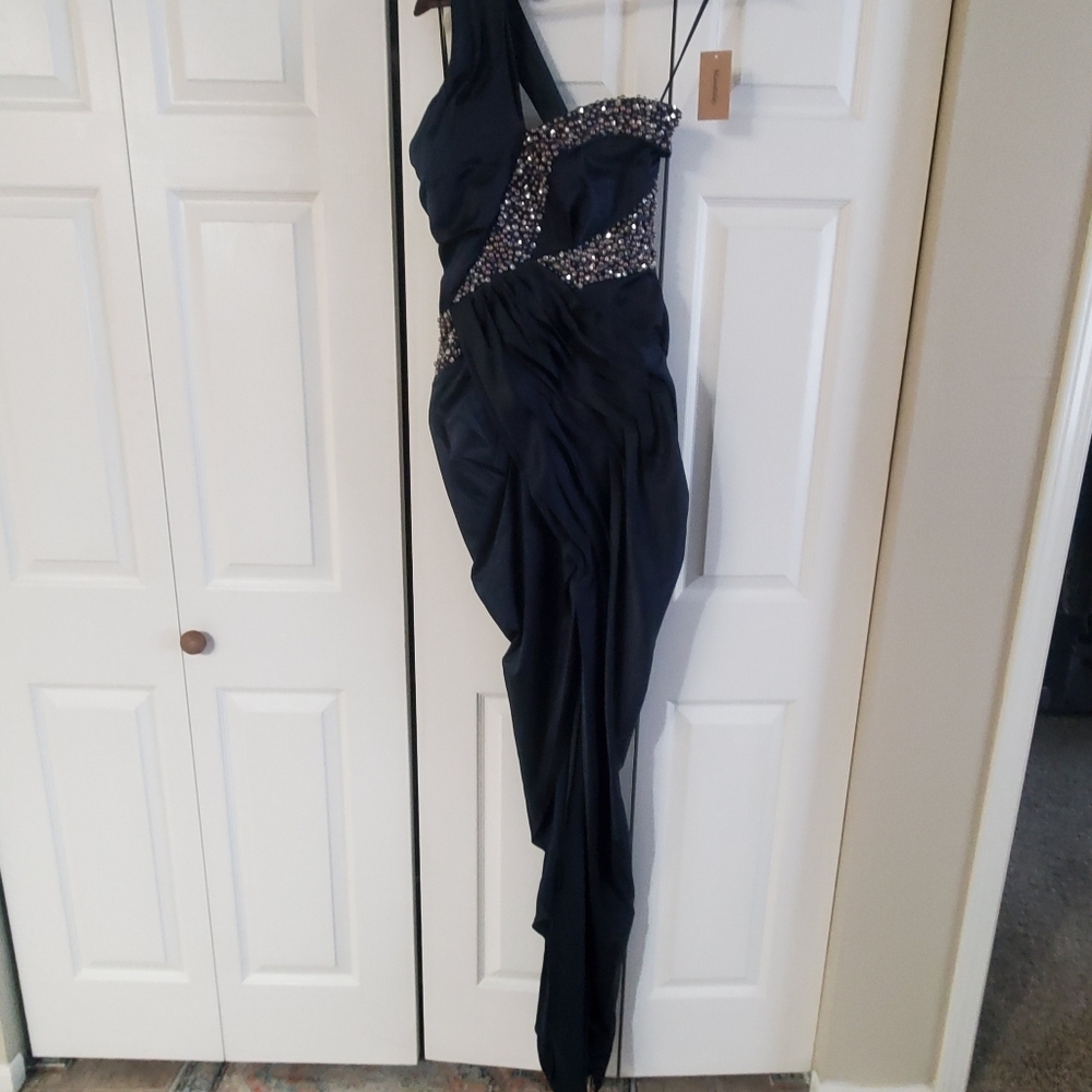 Mandalay Navy One Shoulder NWT 10. Sequin Rhinstone Ruching High Low Dress Prom